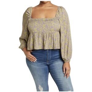 ☀️Abound Floral Print Puff Sleeve Smocked Blouse Top Purple/Green Women's M NWOT